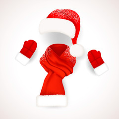 Set of realistic red Santa Claus hat with fluffy fur pompon aand long scarf with snow isolated on white background. Vector illustration