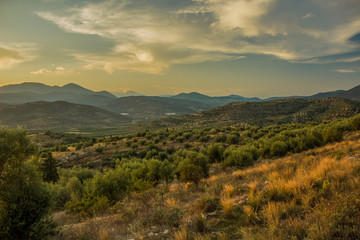 highland agricultural valley scenery landscape with dramatic mountain range horizon background in sunset evening soft golden color weather time