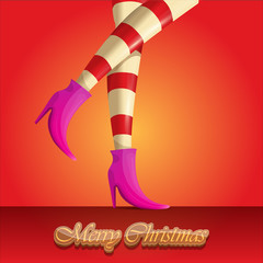 vector merry christmas greeting card with cartoon elf girls legs and greeting calligraphic text Merry christmas isolated on orange. Vector merry christmas background with elf girl