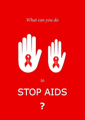 Obraz premium man and woman hands with aids ribbons for stop virus, vertical red and white vector illustration