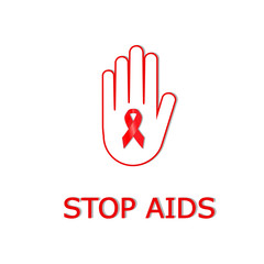 human hand with aids ribbon for stop virus isolated on the white backgrouund, square red and white vector illustration