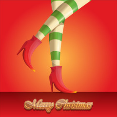 vector merry christmas greeting card with cartoon elf girls legs and greeting calligraphic text Merry christmas isolated on orange. Vector merry christmas background with elf girl