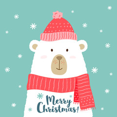 Vector illustration of cute cartoon bear in warm hat and scarf with hand written phrase - Merry Christmas - for placards, t-shirt prints, greeting cards.