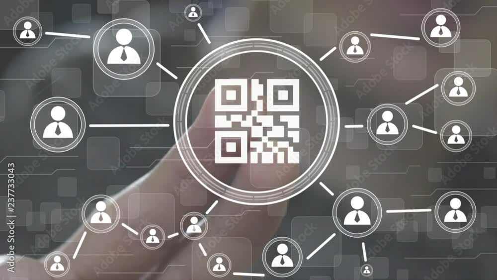 Poster businessman presses button qr code product network internet web interface.