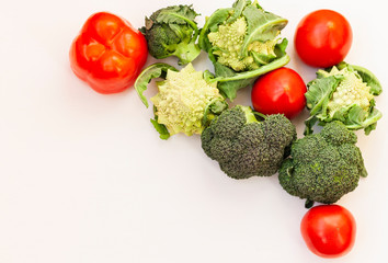 Vegetable variety on wooden white table. Selection of summer and autumn vegetables, space for text