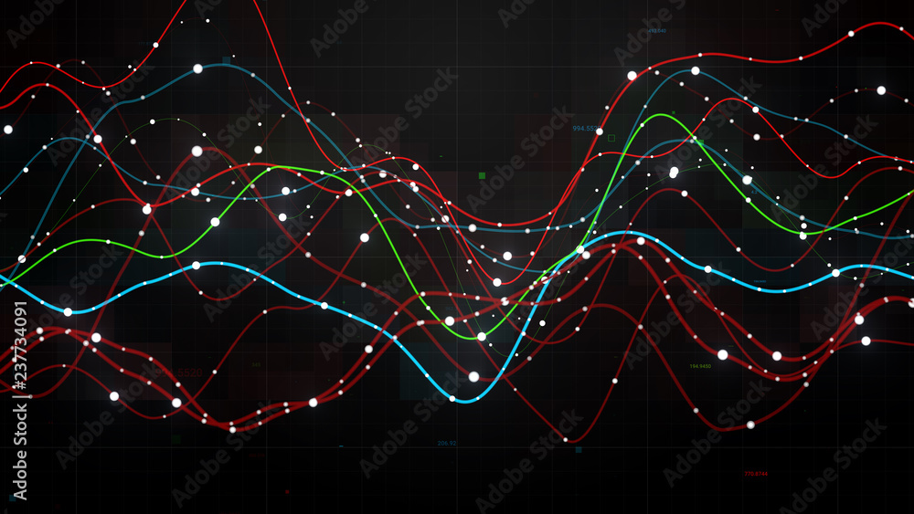 Poster 3d render abstract graph with grid and particles. perfect for finance, statistic presentations. seve