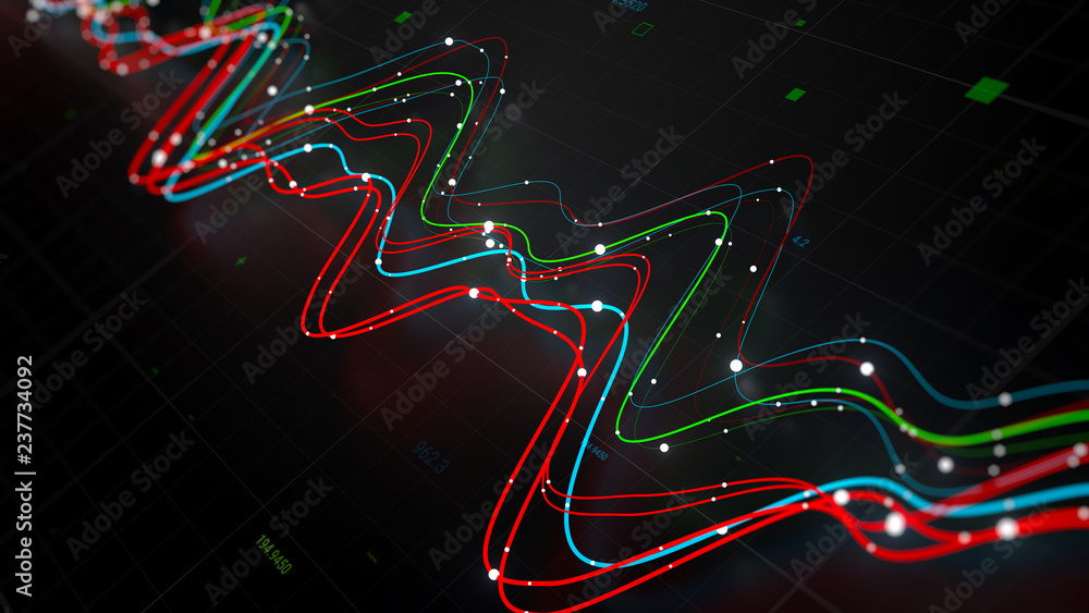 Poster 3d render abstract graph with grid and particles. perfect for finance, statistic presentations. seve