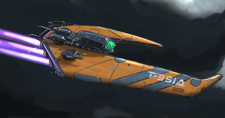 Concept art digital painting or illustration of movie or computer game style sci-fi or science fiction spaceship in space. © Zdenek Sasek