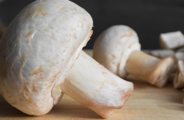 Macro of mushrooms champignon on rustic background. Side view. Health and vegetarian concept.