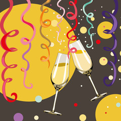 Two glasses with champagne with bubbles and confetti around them. Happy New Year 2019. Vector illustration on grey and yellow background