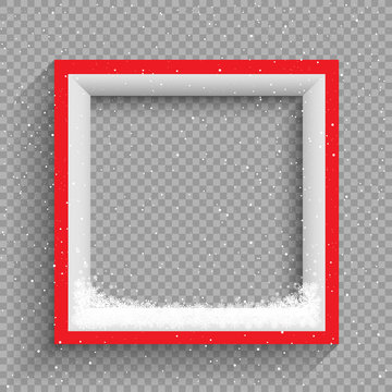 snowfalls on red and white frame