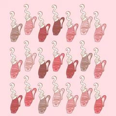 Gordijnen coffee cups in pink colours with steam, hand drawn pattern for beverage drinking illustration © YB studio
