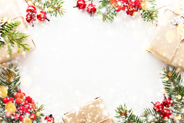 Christmas gifts on white background top view. Merry Christmas greeting card, frame. Winter xmas holiday theme. Happy New Year. Flat lay