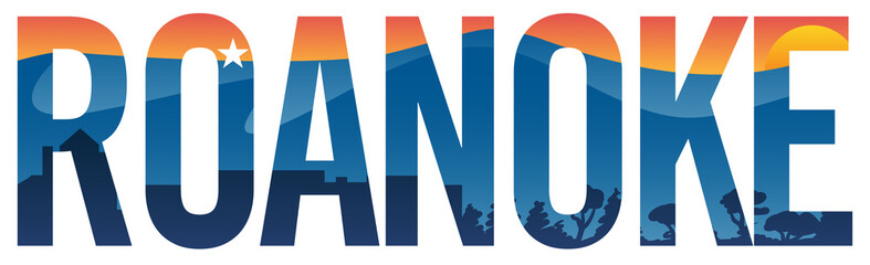 Roanoke pride vector illustration with mountains, star, cityscape and sunset