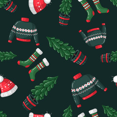Seamless winter Christmas pattern with cartoon illustration of Christmas tree, sweater, socks, hat. Use for background, texture, textile, paper, cards, invitations.