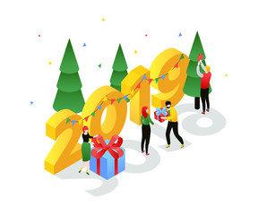 Happy New Year - modern colorful isometric vector illustration