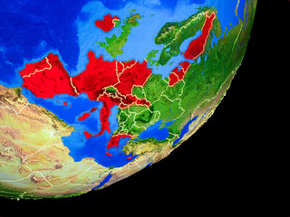 Eurozone member states on planet Earth with country borders and highly detailed planet surface.