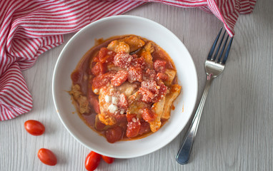 Chicken Parmesan in a white Bowl 