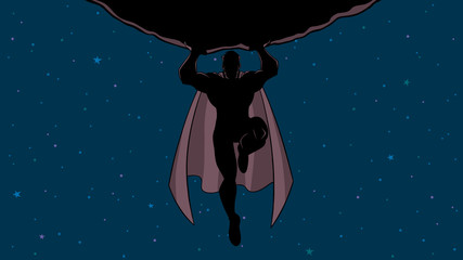 Comic style Illustration of powerful and brave superhero holding huge asteroid above his head. © Malchev