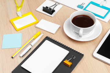 Corporate identity design template on wooden desk close up