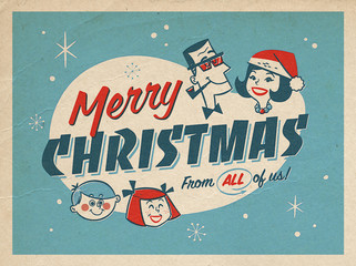 Vintage Style Illustration of a Christmas Postcard with realistic vintage prepress print effects. Merry Christmas From all of us! © CallahanLounge