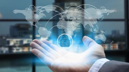 Businessman hand holding network using padlock over the Network connection technology, Investment Financial Technology Concept. 