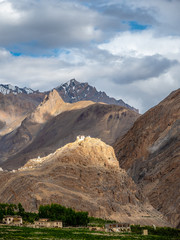 Brown Himalayan Mountains Overlooking Green Fields