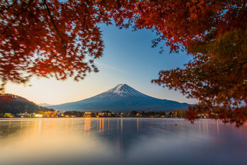 Mount Fuji, Autumn in Mt. Fuji, Japan - Lake Kawaguchiko , Colorful Autumn Season and Mountain Fuji with morning sunrise and red leaves at lake Kawaguchiko, Japan.