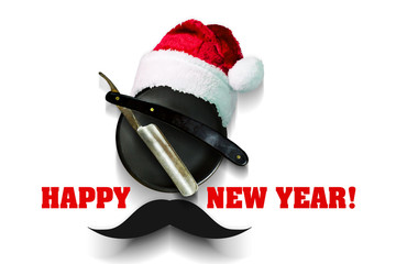 Razor on a plate for foam with a Santa Claus hat on a white background. Inscription Happy New Year....