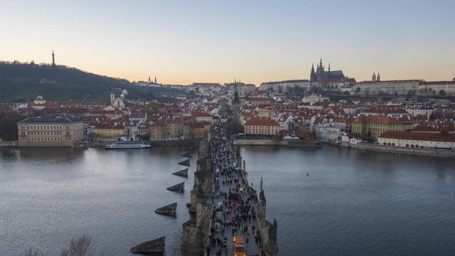 Czech Republic, Prague, Old Town, Stare Mesto, Charles Bridge, Karluv Most and Mala Strana with Prague Castle and St Vitus Cathedral