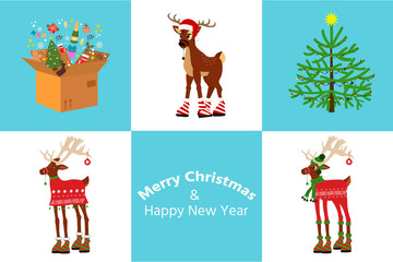Set of Christmas cute deer and  christmas tree, gift boxes. Design element for card, banner, leaflet, poster. Cartoon style.