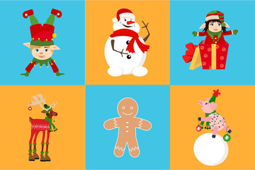 Set of Christmas icon: cute piglet hanging Christmas tree toy and deer, snowman, elf, gingerbread. New Year Day design element. For greeting cards, leaflets, brochures, invitations, posters.