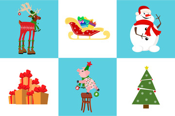 Set of cute cartoon characters: cute piglet hanging Christmas tree toy and deer, snowman, sleigh, presents. Christmas theme.