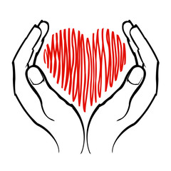 Drawn heart between the palms of the hands