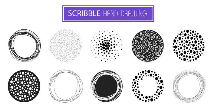 
Set of hand drawn circles using sketch drawing scribble lines. Freehand drawing. Doodle circular elements. Vector illustration.