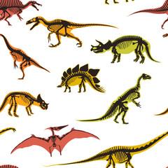Dinosaurs and pterodactyl types of animals seamless pattern isolated on white background vector.