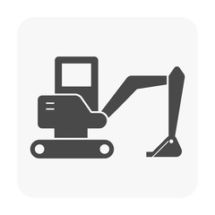Excavator or backhoe vector icon. Heavy machine equipment or digger vehicle consist of hydraulic, crawler, bucket or shovel for soil dig, clearing and demolition in building construction site, mining. © DifferR