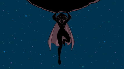 Front view full length silhouette illustration of powerful and brave superheroine holding huge asteroid above her head while flying in space near planet Earth. © Malchev