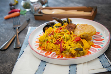 Prawn with rice - closeup of prawn with rice - traditionnal spanish food paella