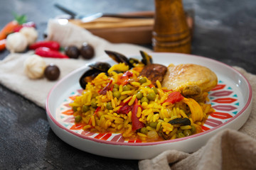 Prawn with rice - closeup of prawn with rice - traditionnal spanish food paella