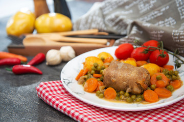 Beef meat stewed with potatoes-Traditional French cuisine Beef Bourguignon potatoes carrots in persillade