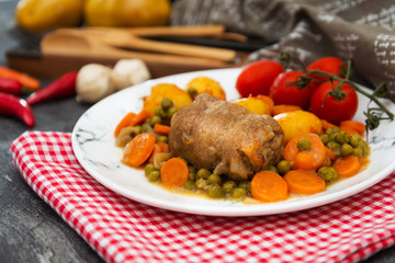 Beef meat stewed with potatoes-Traditional French cuisine Beef Bourguignon potatoes carrots in persillade