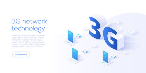3g network technology in isometric vector illustration. Wireless mobile telecommunication service concept. Marketing website landing template. Smartphone internet speed connection background. - obrazy, fototapety, plakaty
