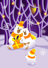 Winter illustration. Bears give bear a gift. Winter fairy forest. Poster. Christmas postcard