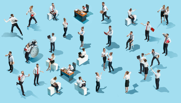 Conceptual Image Of Business Processes With Businessman And Businesswoman. Flat Isometric View. The Human Resources, Communication, Internet, Teamwork Concept. Miniature People. Collage