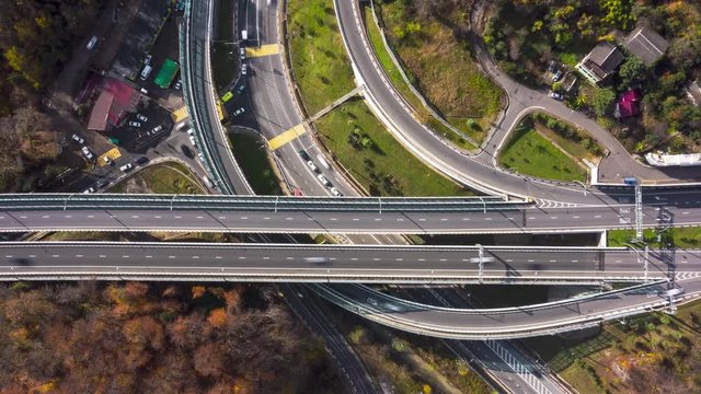 Movement of cars on the highway. High traffic. Aerial survey. Timelapse. Sochi bypass road. The road to the coast. The understudy resort prospectus.