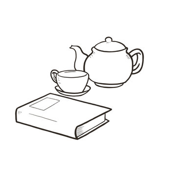 Libro, tetera y taza, momento de relax con infusión caliente y un buen libro, dibujo de linea aislado sobre fondo blanco.