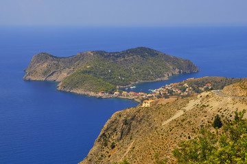 High angle view of the coast of  Kefalonia island and Assos town.