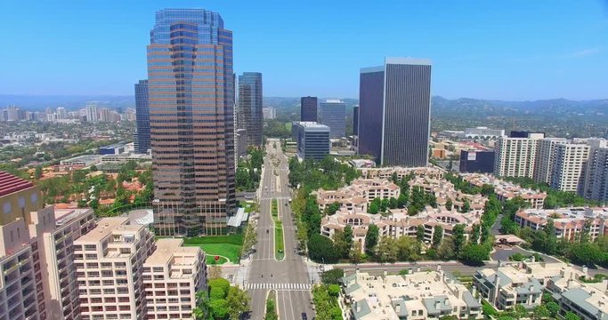 Aerial view of Century City skyline and business towers skyscrapers in Los Angeles, California, 4K