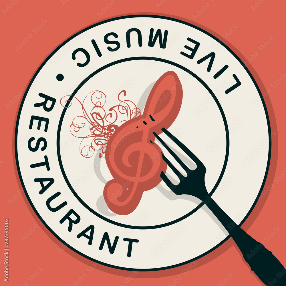 Poster vector menu or banner for restaurant with live music decorated with white plate and treble clef on a